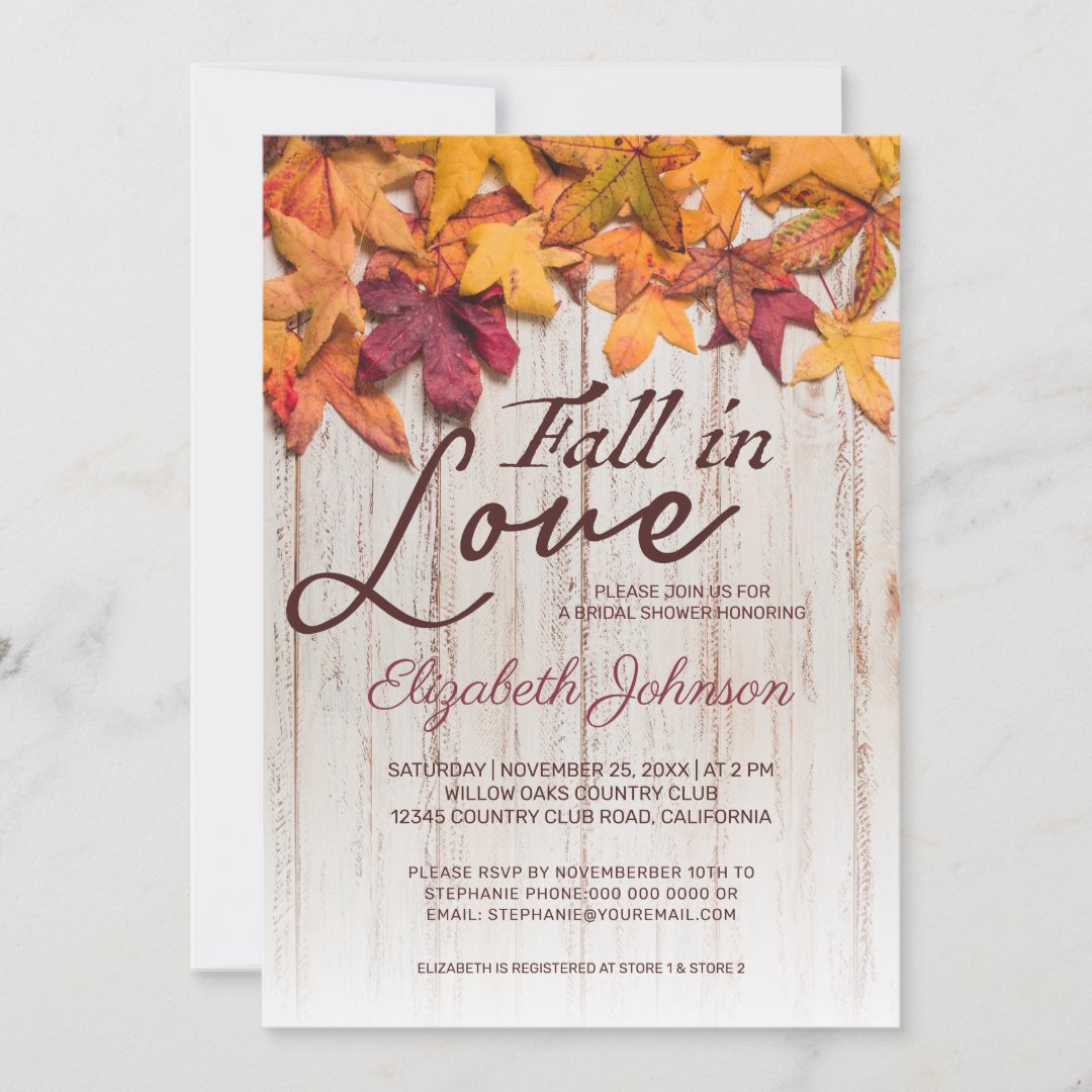 Fall in Love Bridal Shower Wood Autumn Leaves Invitation | Zazzle