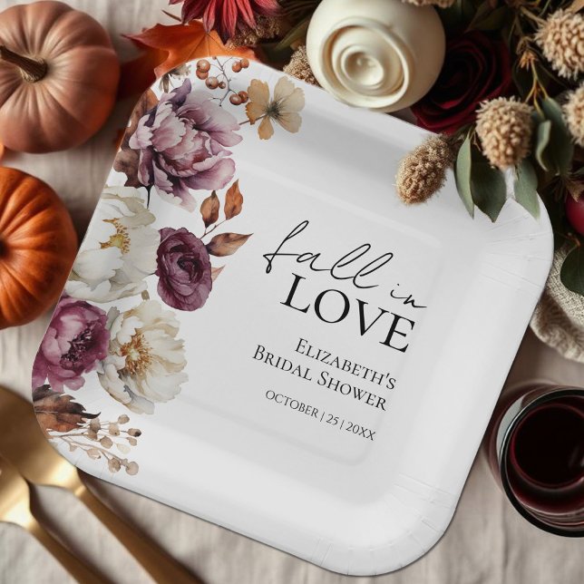 Fall In Love Burgundy Autumn Bridal Shower Paper Plates (Creator Uploaded)