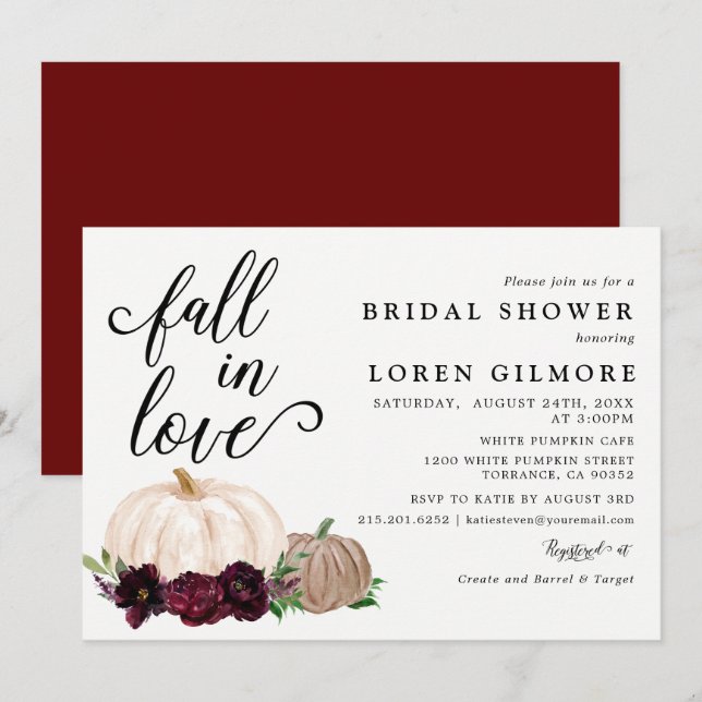 Fall In Love Burgundy Boho Pumpkin Bridal Shower Invitation (Front/Back)