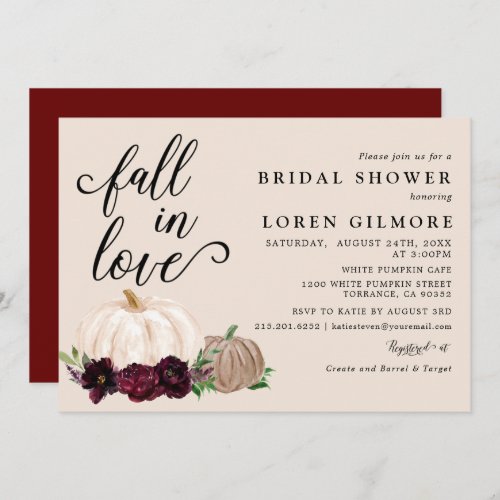 Fall In Love Burgundy Boho Pumpkin Bridal Shower Invitation