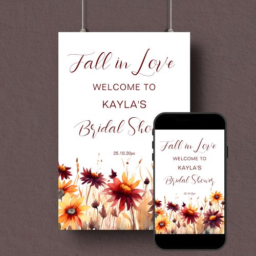 Fall in love burgundy bridal shower welcome sign