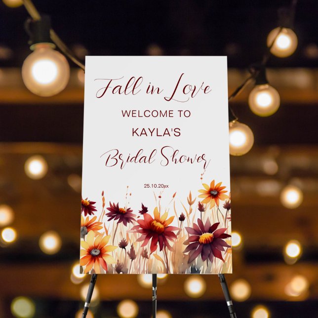 Fall in love burgundy bridal shower welcome sign (Fall in love bridal shower welcome sign burgundy dahlias yellow daisies wildflowers entrance decor)