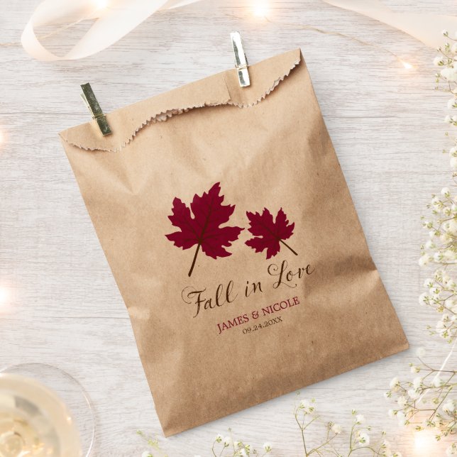 Fall in Love Burgundy Brown Leaves Wedding Favor Bag (Clipped)