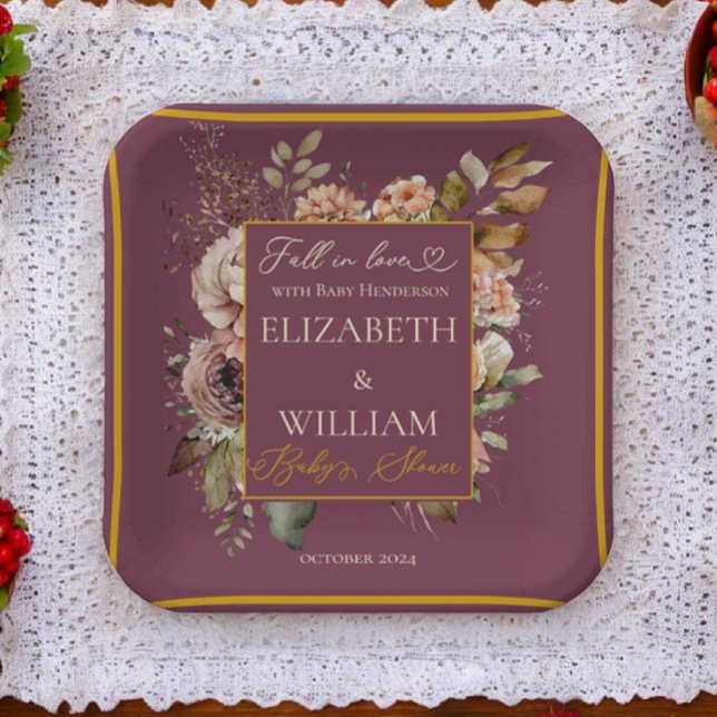 Fall In Love Burgundy Fall Floral  Paper Plates (Creator Uploaded)