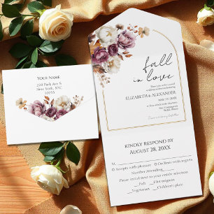 fall in love   Burgundy Floral Arch Fall Wedding All In One Invitation