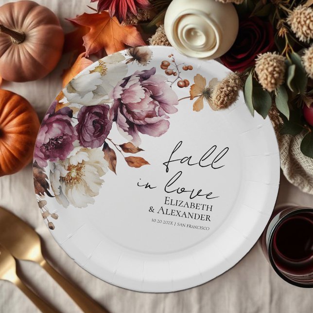 fall in love  |  Burgundy Floral Autumn Wedding Paper Plates (Creator Uploaded)