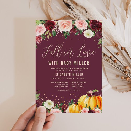 fall in love burgundy floral baby shower invitation