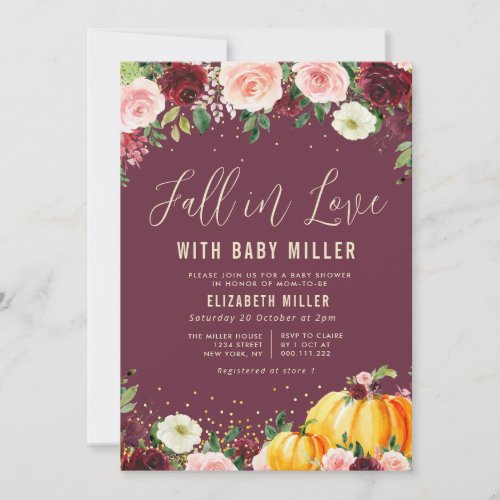 fall in love burgundy floral baby shower invitation