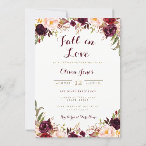 Fall in Love Burgundy Floral Bridal Shower Card