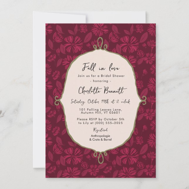 Fall In Love Burgundy Floral Bridal Shower Invitation (Front)