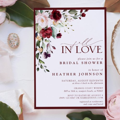 Fall in Love Burgundy Floral Bridal Shower Invitation