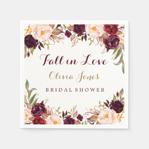 Fall in Love Burgundy Floral Bridal Shower Napkin