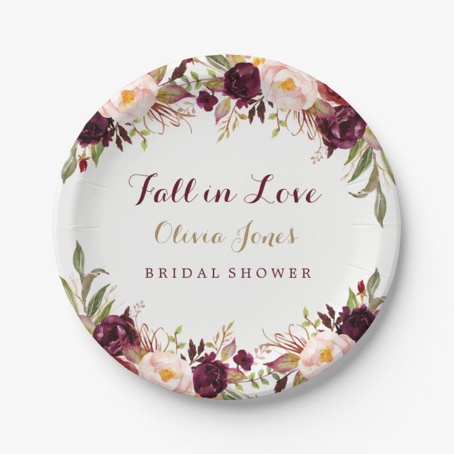 Fall in Love Burgundy Floral Bridal Shower Plate (Front)