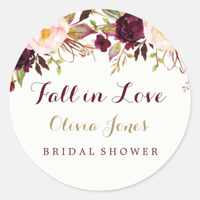 Fall in Love Burgundy Floral Bridal Shower Sticker (Front)