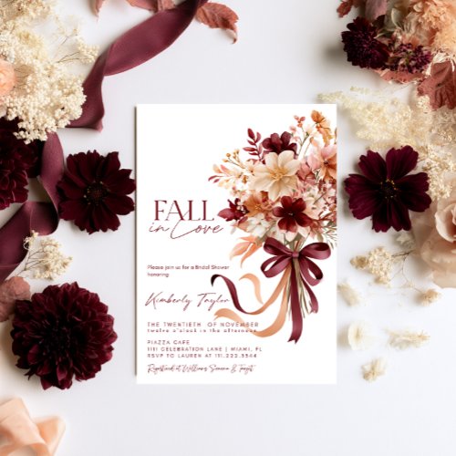 Fall In Love Burgundy Floral Fall Bridal Shower Invitation