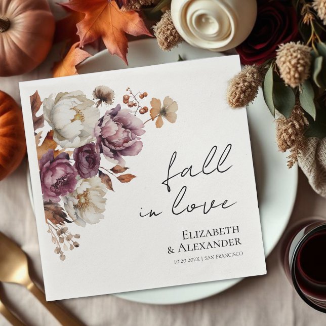 fall in love  |  Burgundy Floral Photo Wedding Napkins (Creator Uploaded)