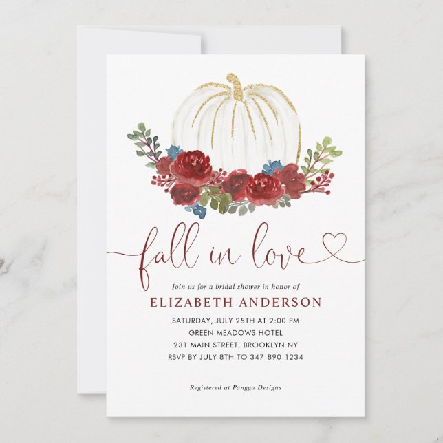 Fall in Love Burgundy Floral Pumpkin Bridal Shower Invitation (Front)