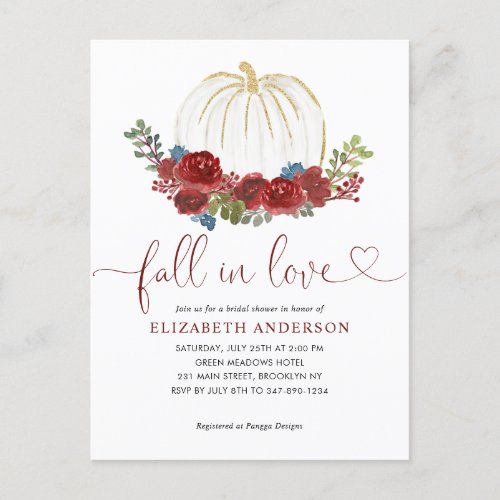 Fall in Love Burgundy Floral Pumpkin Bridal Shower Postcard