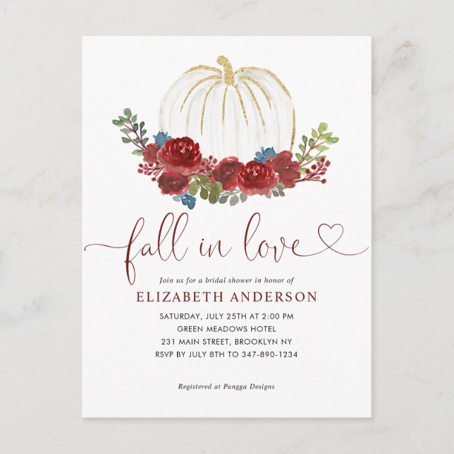 Fall in Love Burgundy Floral Pumpkin Bridal Shower Postcard (Front)
