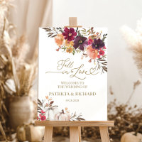 Fall In Love Burgundy Floral Pumpkin Welcome Sign
