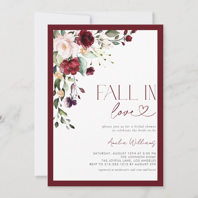 Fall in Love Burgundy Floral Watercolor Invitation (Front)