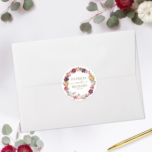 Fall in Love Burgundy Floral Wedding  Classic Round Sticker (Creator Uploaded)