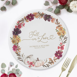Fall In Love Burgundy Floral White Pumpkin Wedding Paper Plates