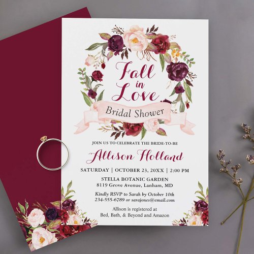 Fall in Love Burgundy Floral Wreath Bridal Shower Invitation