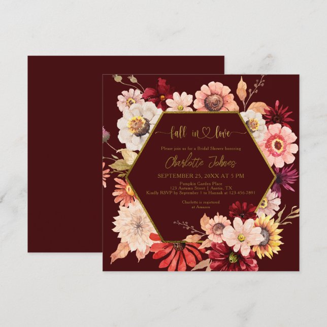 Fall In Love Burgundy Frame Floral Bridal Shower Invitation (Front/Back)