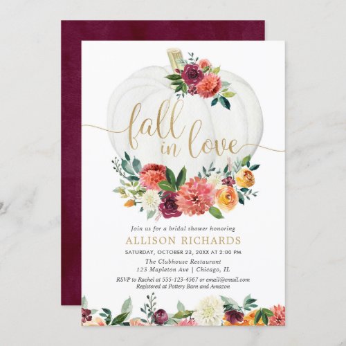 Fall in love burgundy gold floral white pumpkins invitation