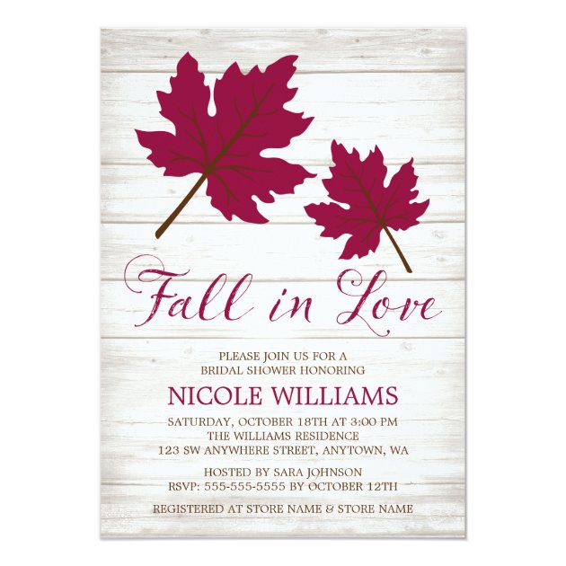 Fall In Love Burgundy Leaves Bridal Shower Invitation