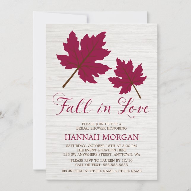 Fall in Love Burgundy Leaves Bridal Shower Invitation (Front)