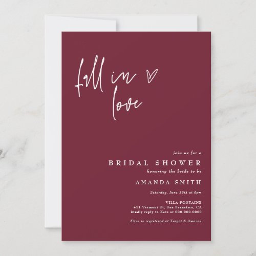 Fall In Love Burgundy Minimalist Bridal Shower Invitation
