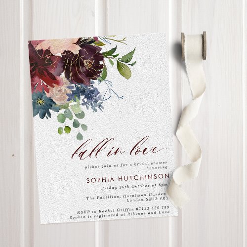 Fall in Love Burgundy  Navy Floral Bridal Shower Invitation