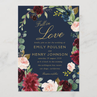 fall in love burgundy navy floral wedding invitation