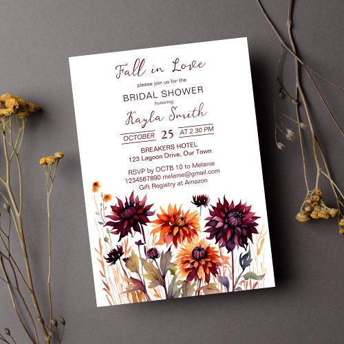 Fall in love burgundy orange dahlias bridal shower invitation