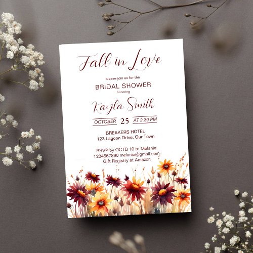 Fall in love burgundy orange dahlias bridal shower invitation