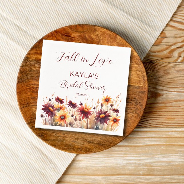 Fall in love burgundy orange dahlias bridal shower napkins (Fall in love bridal shower tableware personalized napkins autumn blooms burgundy dahlia sunflowers)