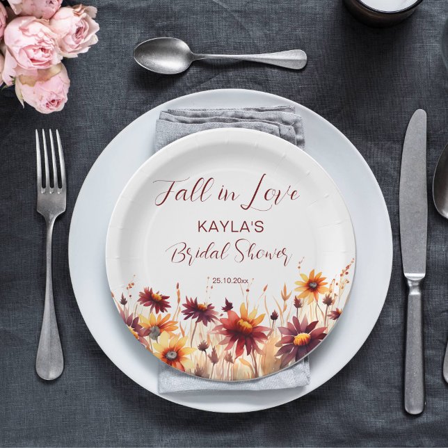 Fall in love burgundy orange dahlias bridal shower paper plates (Fall in love bridal shower tableware burgundy dahlias sunflowers personalized paper plates autumn)