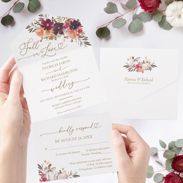 Fall in Love Burgundy Pumpkin Wedding All In One Invitation (Creator Uploaded)
