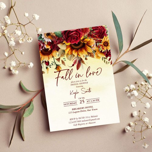 Fall in love burgundy roses sunflowers bridal invitation