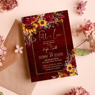 Fall in love burgundy roses sunflowers bridal invitation
