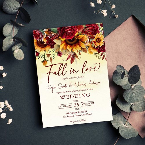 Fall in love burgundy roses sunflowers wedding invitation