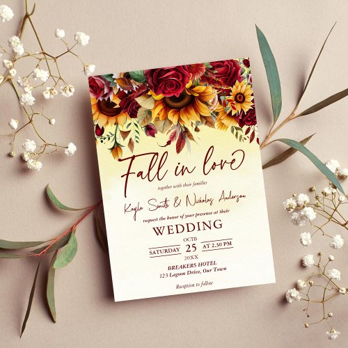 Fall in love burgundy roses sunflowers wedding invitation