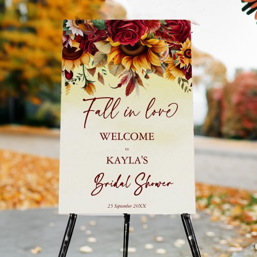 Fall in love burgundy roses sunflowers welcome foam board