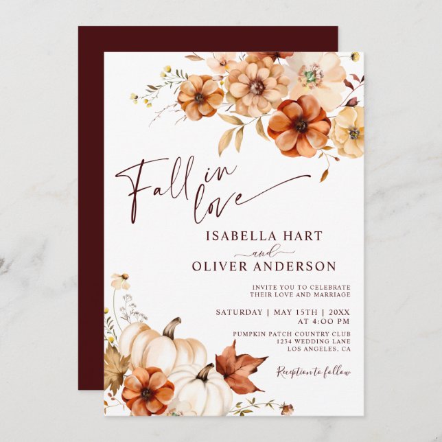 Fall In Love Burgundy Rust Boho Wedding invitation (Front/Back)