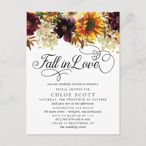 Fall in Love Burgundy Sunflower Bridal Shower Postcard