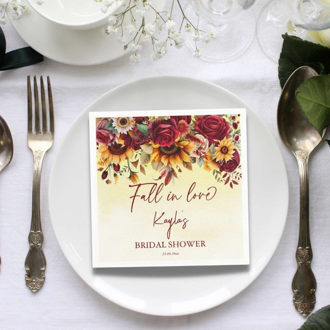 Fall in love burgundy sunflowers bridal shower napkins (Fall in love bridal shower personalized napkins sunflowers burgundy roses for fall autumn party)