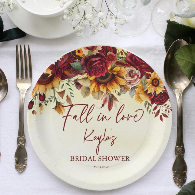 Fall in love burgundy sunflowers bridal shower paper plates (Fall in love bridal shower personalized plates burgundy roses sunflowers fall autumn themed shower)