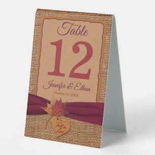 Fall in Love Burlap, Leaves, Burlap Table Tent